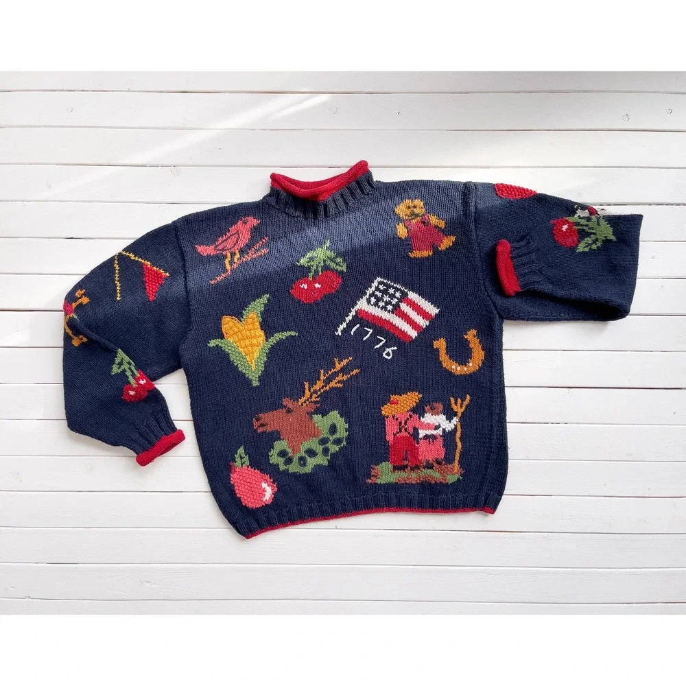 vtg Heirlooms navy blue turtleneck Americana farm country hand knit sweater